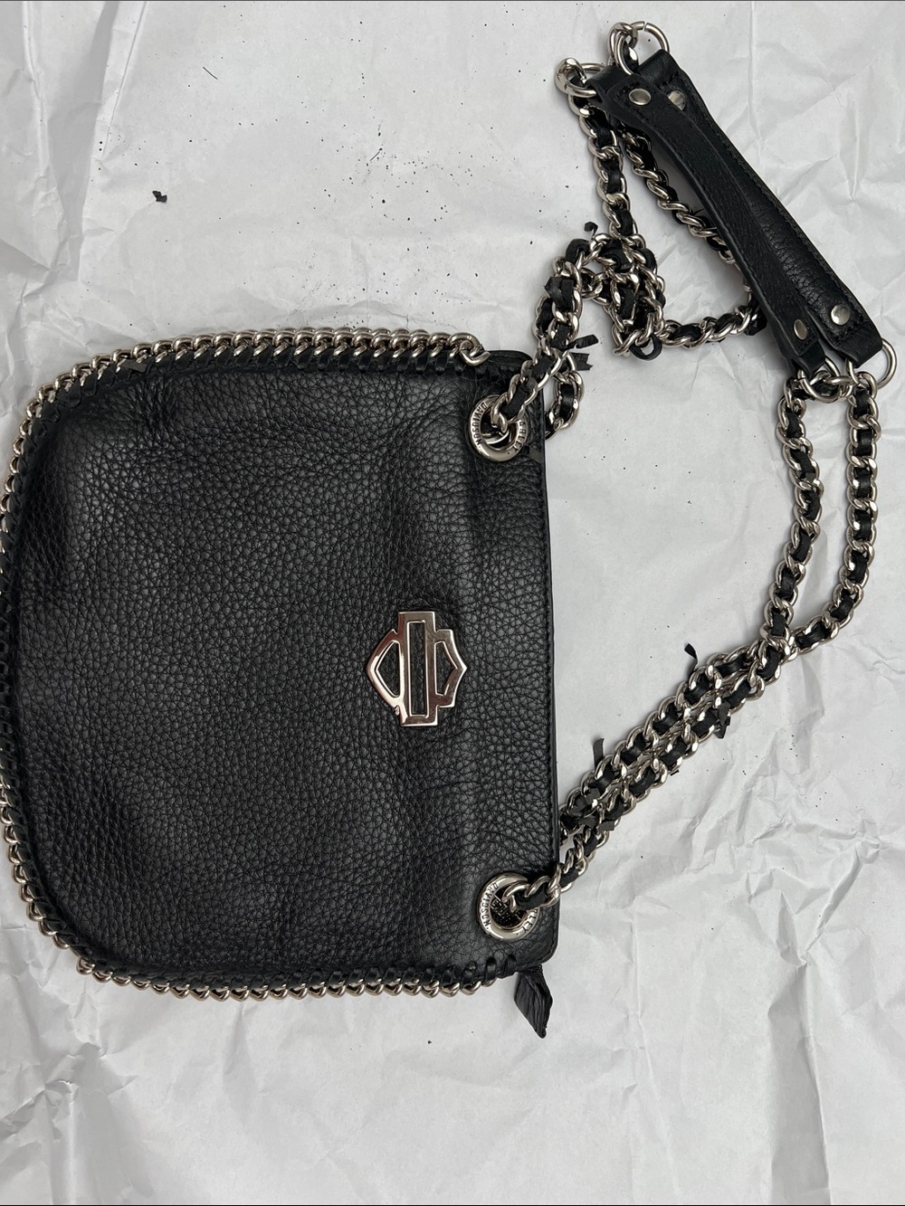 Harley Davidson Black Chain-Trim Leather Crossbody Bag